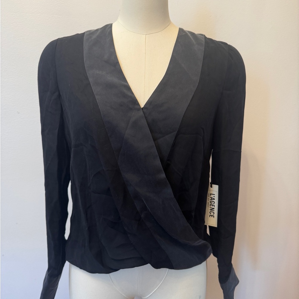 L'AGENCE Black Satin-Trim Wrap Blouse